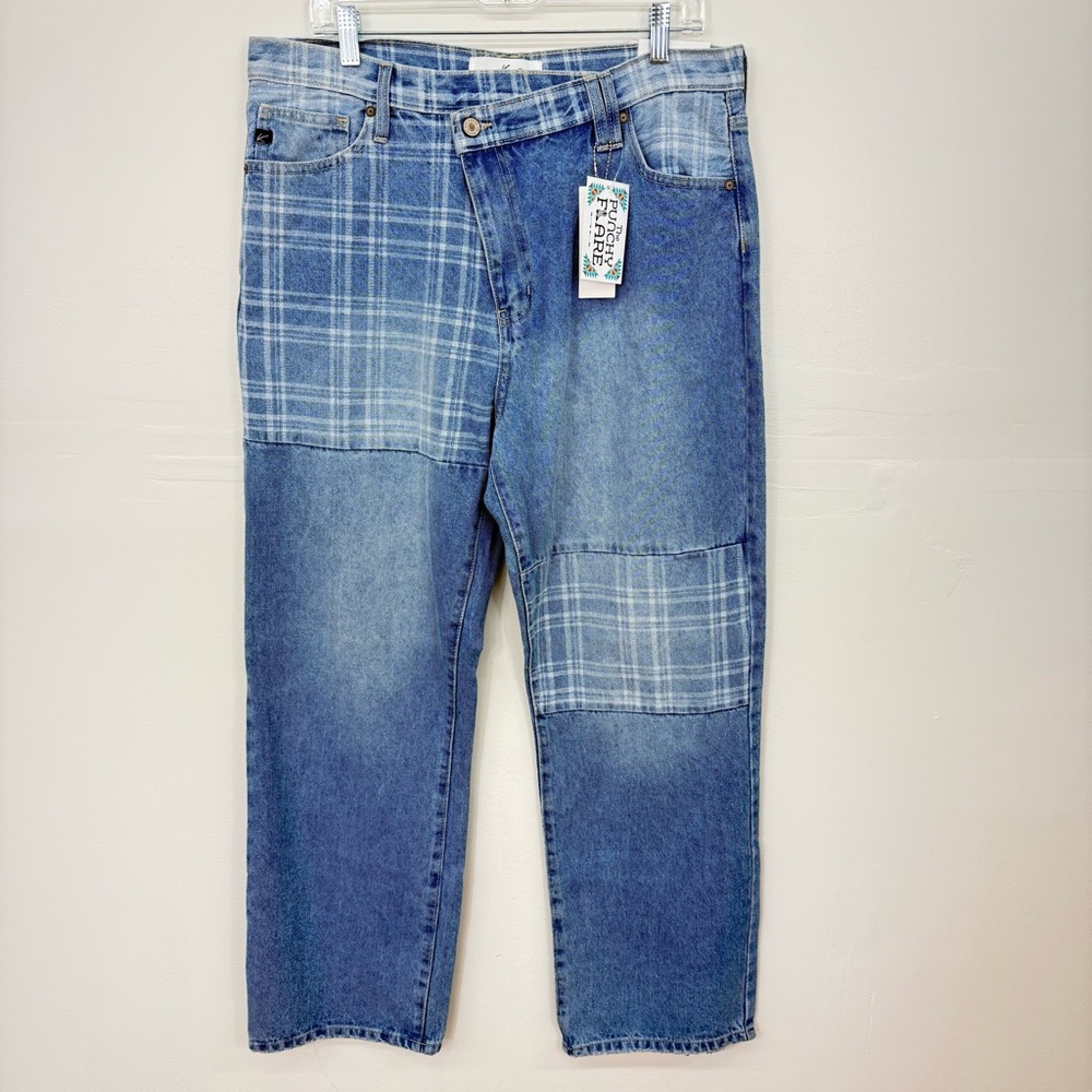 KanCan Women's Blue Plaid Patchwork NWT Wide Leg Jeans A9